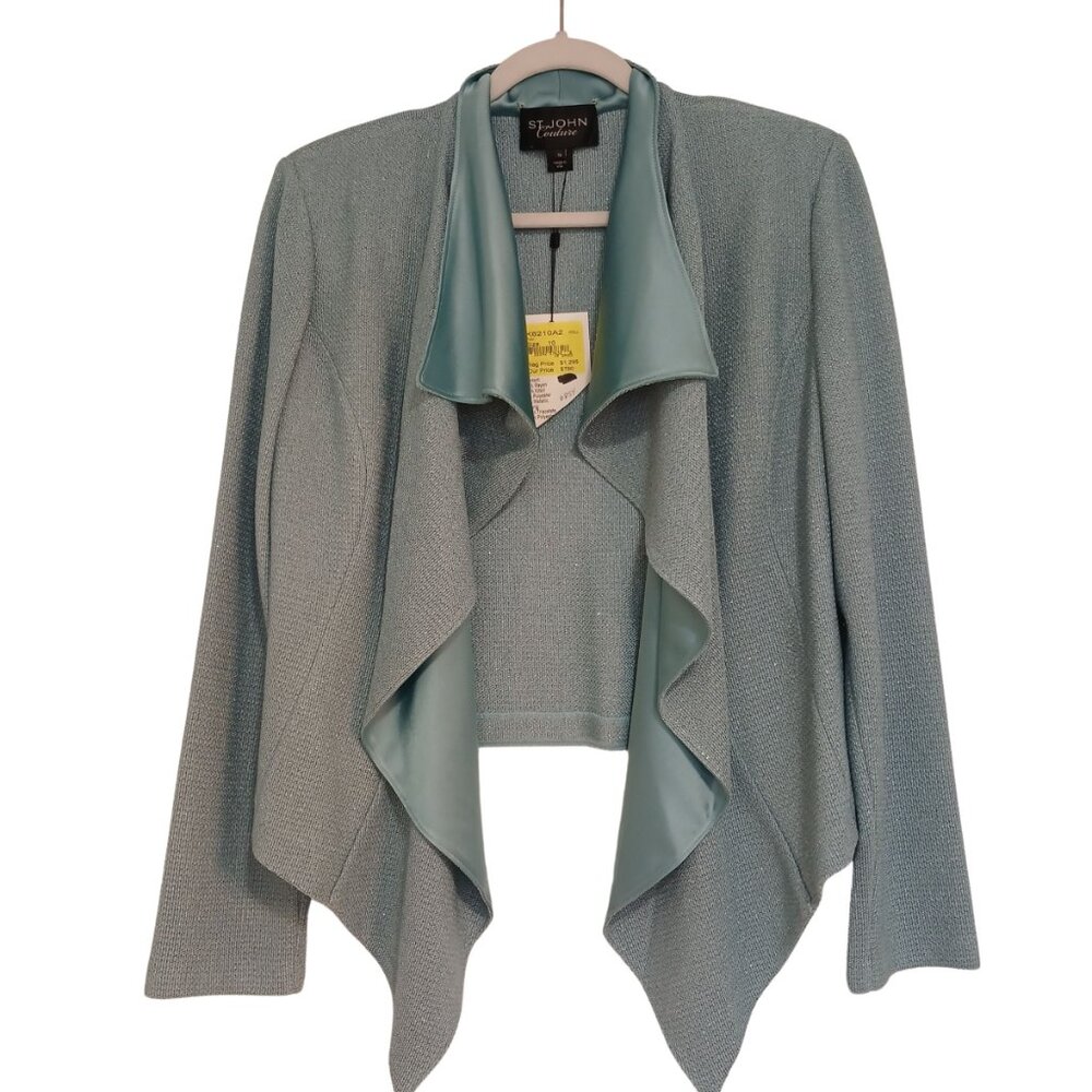 VTG St. John Couture Metallic Teal Waterfall Evening Cardigan Sweater Ja…